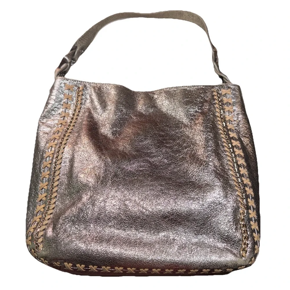 Elaine Turner Women's Metallic Leather Hobo Handbag Purse Champagne Gold